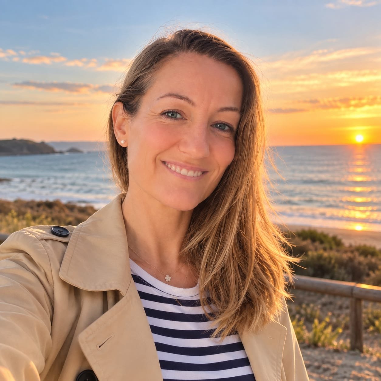Rosé Buzón sonriendo al atardecer frente al mar